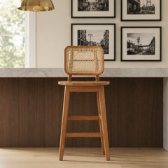Maury Counter Stool w/ Rattan styled in a bright mid-century modern Portland home - Whats New Furniture