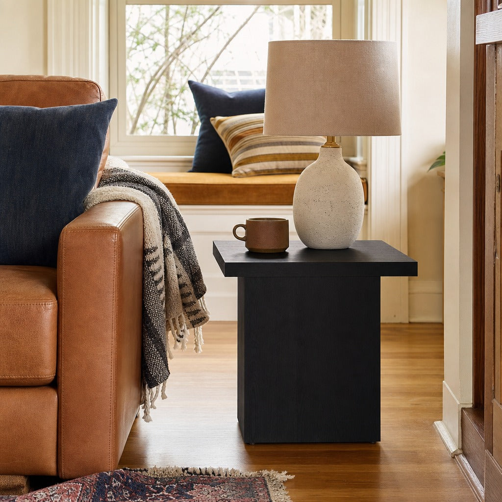 Max Square Engineered Laminate End Side Table Black styled in Portland Hawthorne Craftsmbungalow living room - What&