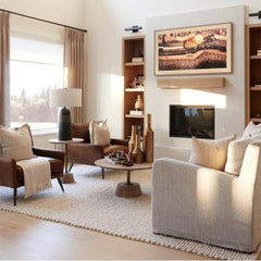 Maxwell Round Coffee Table in Light Brown room setting - round coffee table - Whats New Furniture Portland OR
