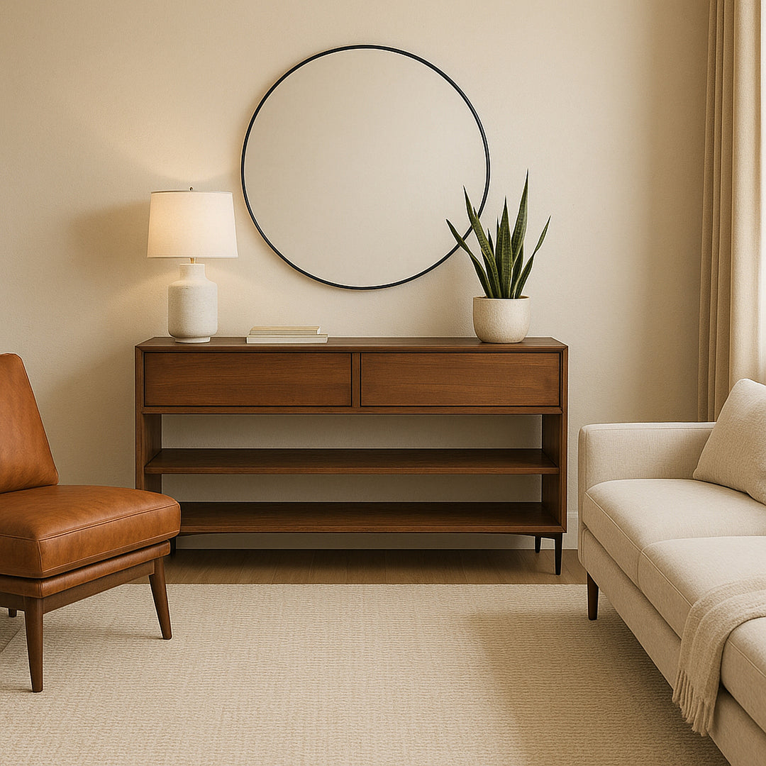 MCM 2 Drawer Console Table detail view 3 - Whats New Furniture - Portland, Oregon