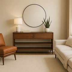 MCM 2 Drawer Console Table detail view 3 - Whats New Furniture - Portland, Oregon
