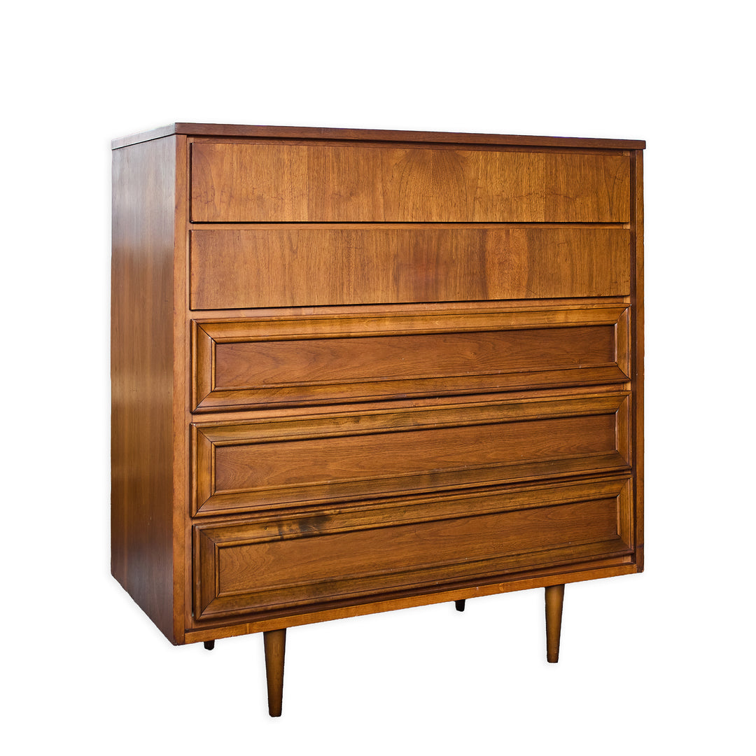 Midcentury Modern Walnut 5 Drawer Dresser detail view - Whats New Furniture - Portland, Oregon