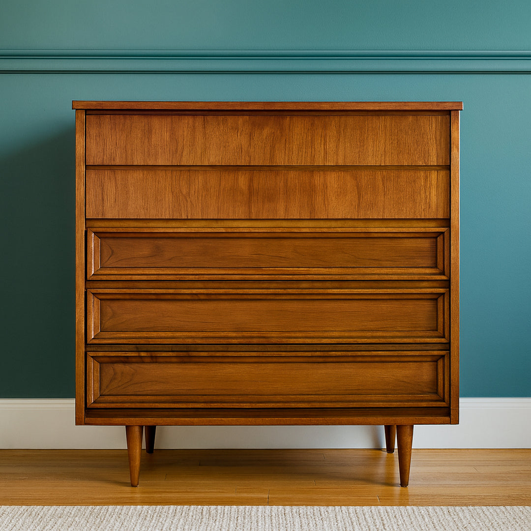 Midcentury Modern Walnut 5 Drawer Dresser detail view 2 - Whats New Furniture - Portland, Oregon