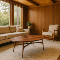 Mid Century Modern Wood and Metal Oval Coffee Table detail view 2 - Whats New Furniture - Portland, Oregon