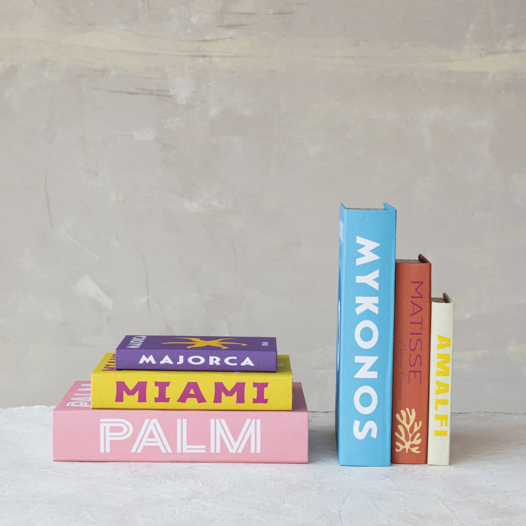 MDF &amp; Canvas Book Storage Boxes Set of 3 - styled standing like colorful books on a shelf - Creative Co-Op - What&