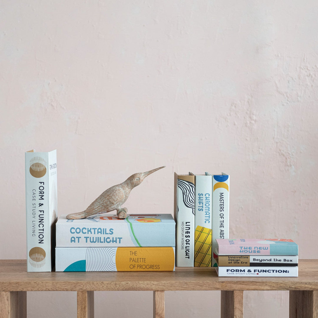 MDF &amp; Canvas Book Storage Boxes Set of 3 - styled standing like books on a wood shelf - Creative Co-Op - What&
