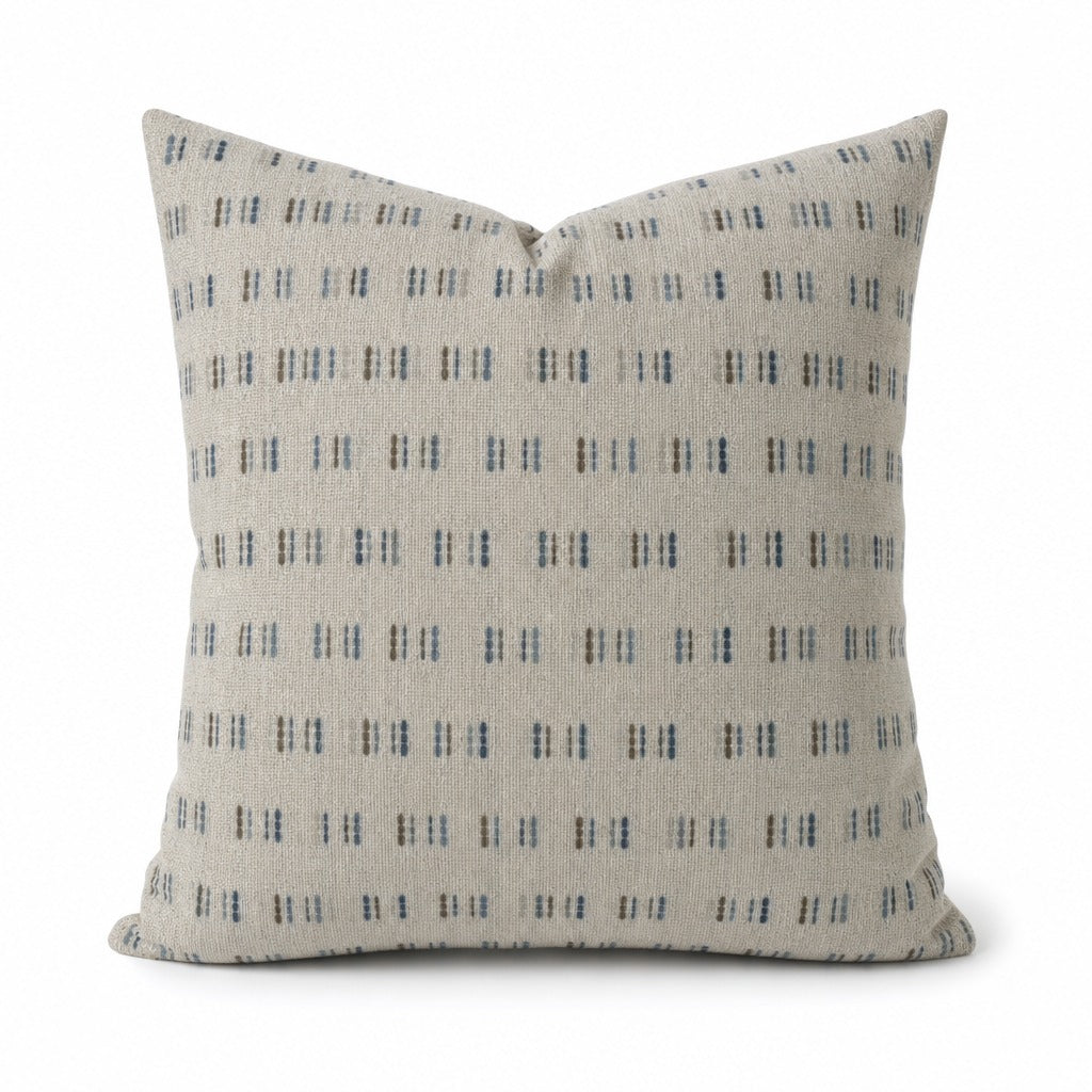 Me Too Chambray blue dash throw pillow front view by Decor Fifty-Five - Whats New Furniture Portland OR