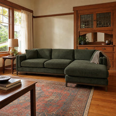 Meadows Open Chaise Sectional in Rizz Moss styled in a Portland Craftsman living room - Whats New Furniture