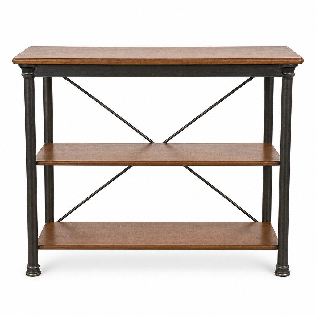 Medium brown mid-century bookcase in solid wood with clean horizontal shelves