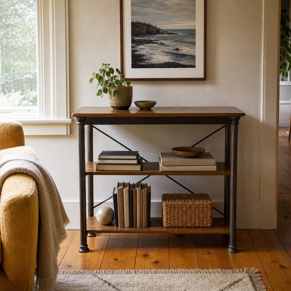Medium brown mid-century bookcase in solid wood with clean horizontal shelves - view 2