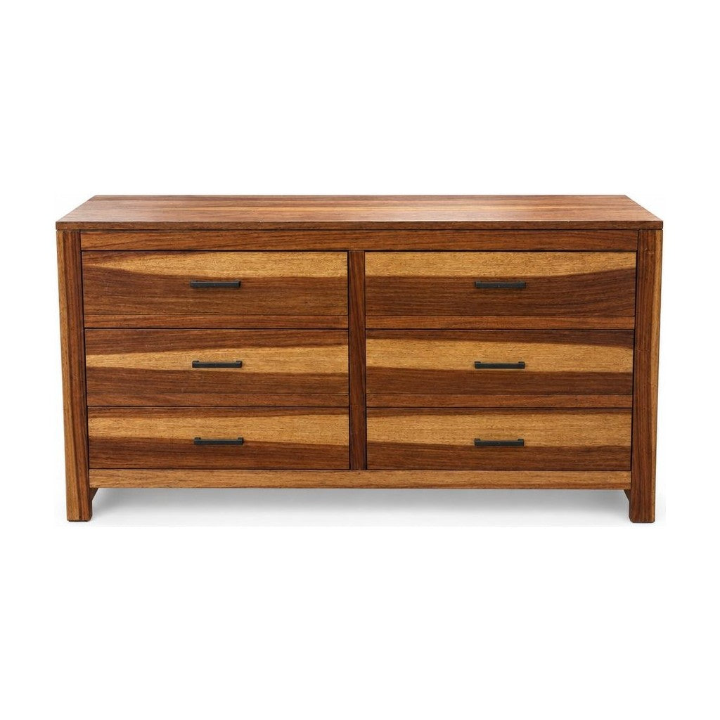 Medium Brown six-drawer wooden dresser with a long, low profile.