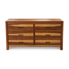 Medium Brown six-drawer wooden dresser with a long, low profile.