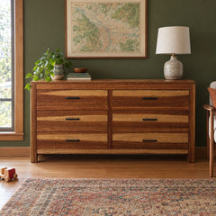 Medium Brown six-drawer wooden dresser with a long, low profile. - detail view 1