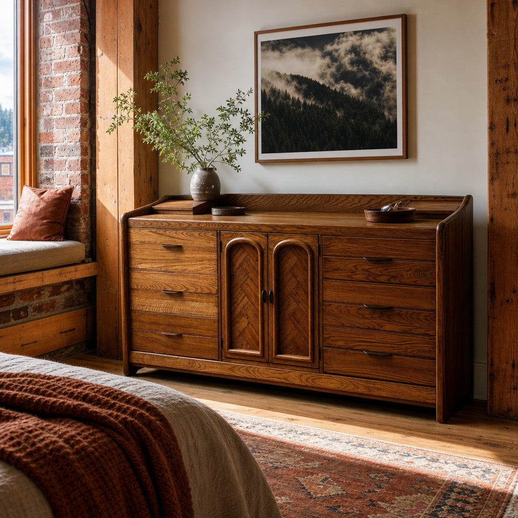 Medium oak mid-century nine-drawer dresser with clean horizontal lines - view 2