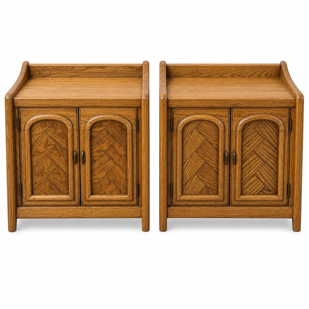 Medium oak mid-century nightstands, a matched set of two with clean lines and visible wood grain