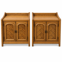 Medium oak mid-century nightstands, a matched set of two with clean lines and visible wood grain