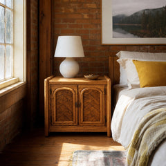 Medium oak mid-century nightstands, a matched set of two with clean lines and visible wood grain - view 2