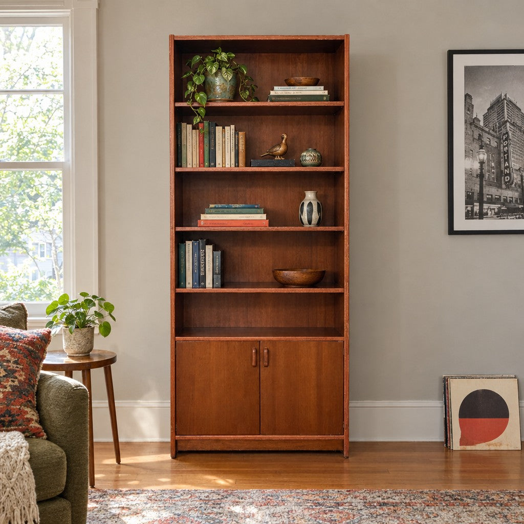 Medium Walnut tall Danish bookcase with a narrow depth and full-height shelves. - detail view 1