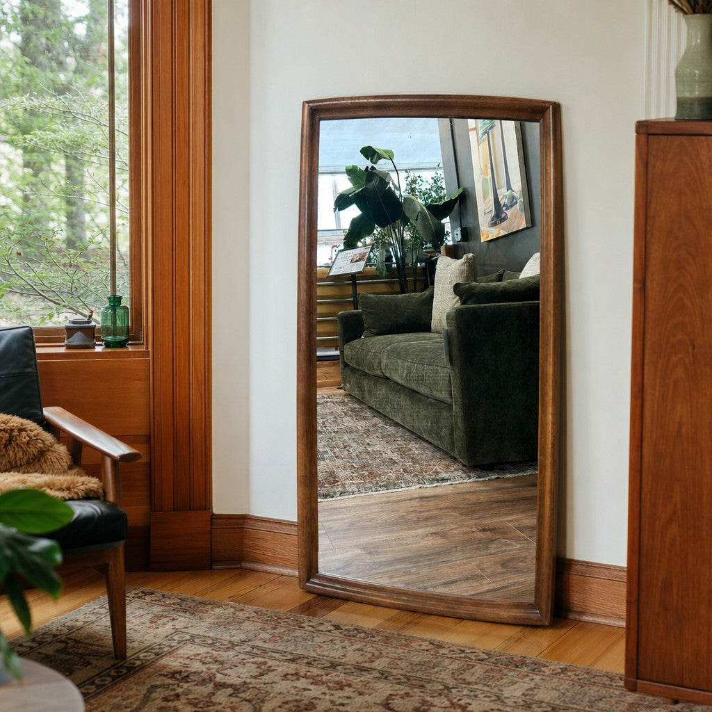 Medium walnut mid-century wall mirror with a slim vertical wood frame by Broyhill - detail view 1