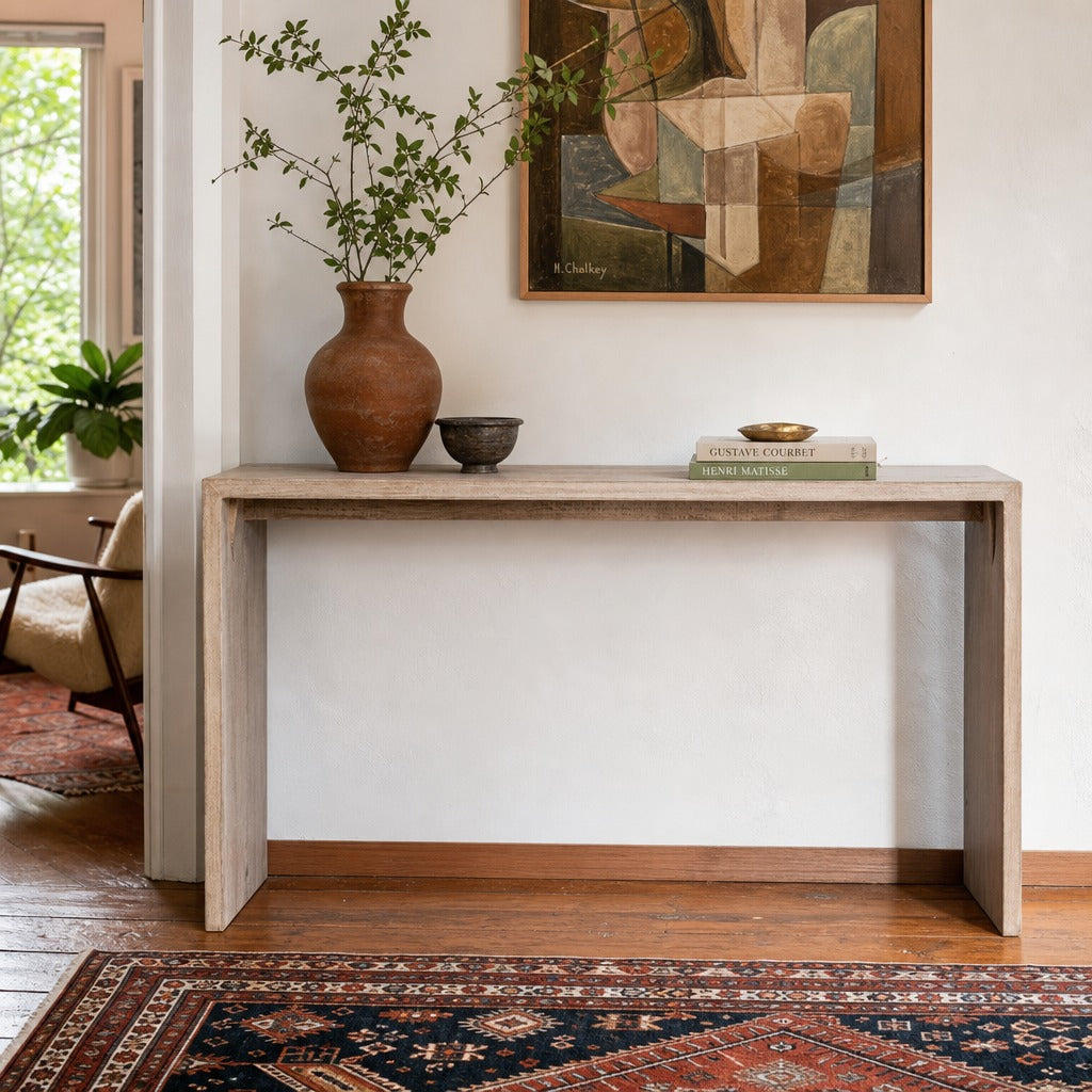 Merwin Console Table - Reclaimed Pine Light Warm Wash styled in a Portland entry - Whats New Furniture