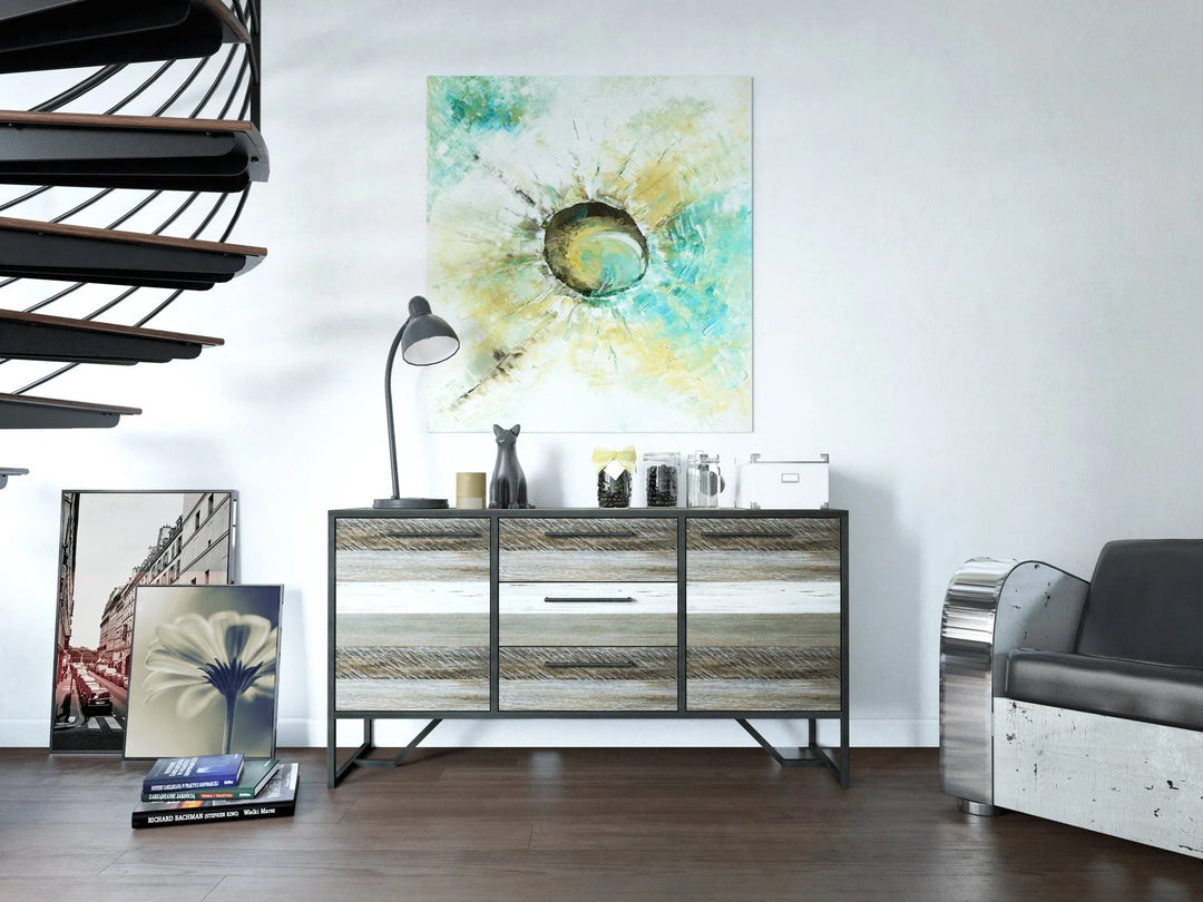 Metro Havana Sideboard in Brown Grey White room setting - acacia iron sideboard by LH Imports - Whats New Furniture Portland OR