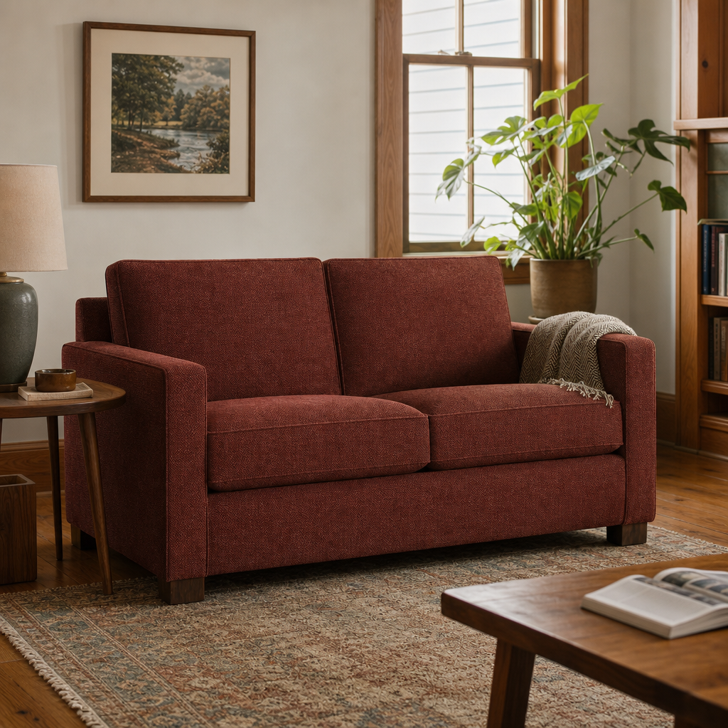 Metro Loveseat in Serenity Cinnamon styled in a Portland cottage living room - Whats New Furniture