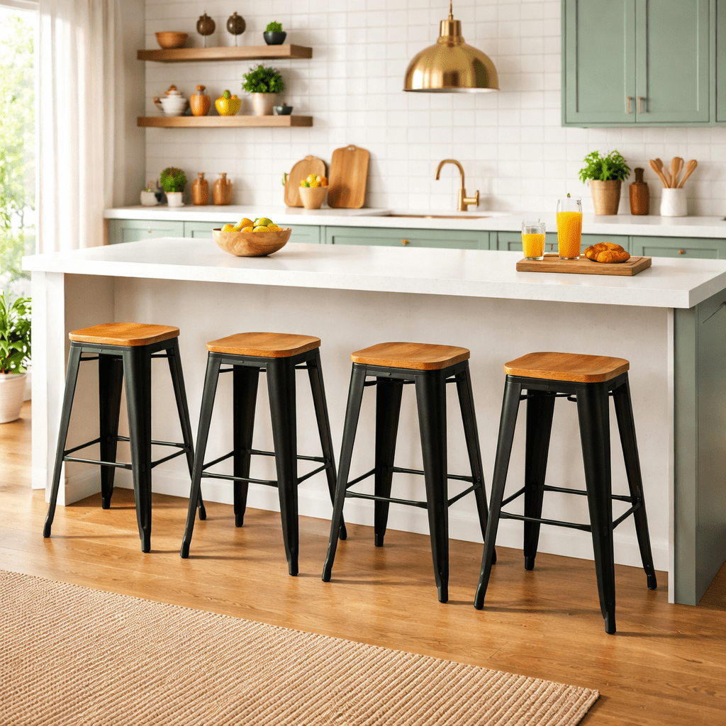 Metropolis Wood Seat Backless Bar Stool in black &amp; wood side angle - backless pine-seat bar stool by NPD - Whats New Furniture Portland OR