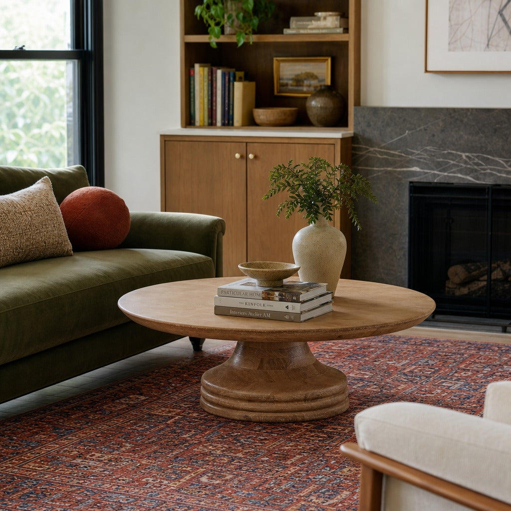 Meylin Coffee Table - Light Natural Mango Wood styled in a Portland living room - Whats New Furniture