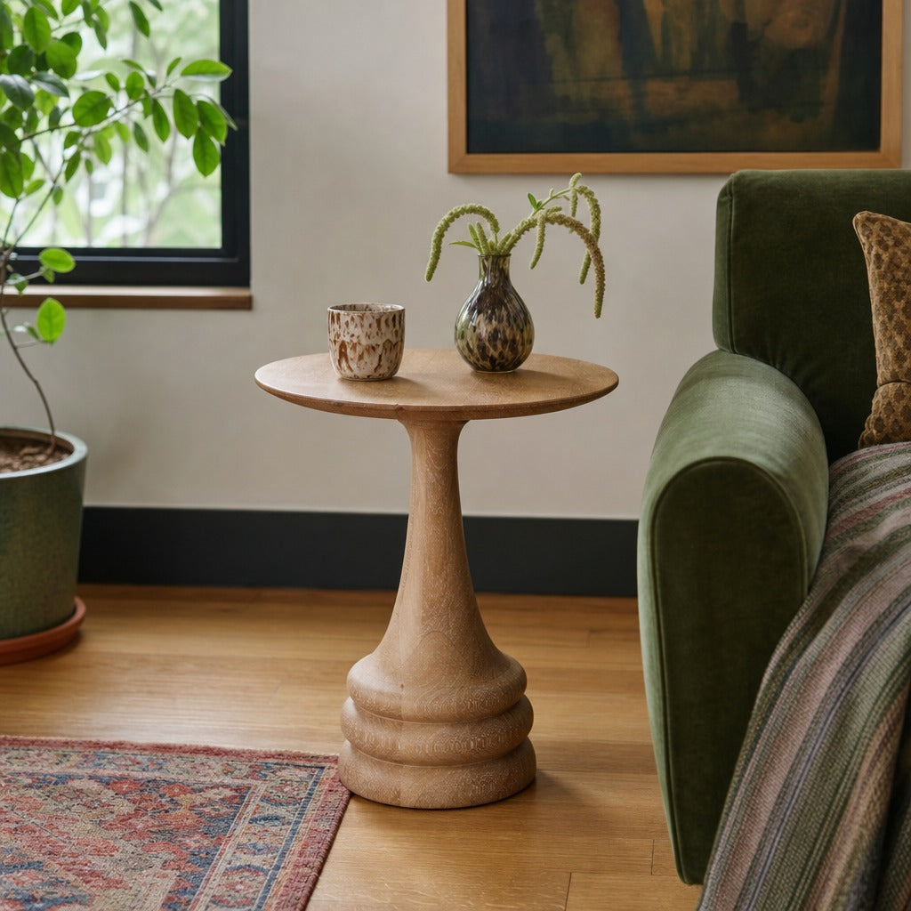 Meylin Side Table - Light Natural Mango Wood styled in a Portland living room - Whats New Furniture