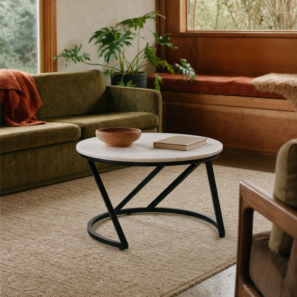 Miguel Round Marble Top Coffee Table White And Black styled in Portland 1960s Garden Home ranch living room - What&
