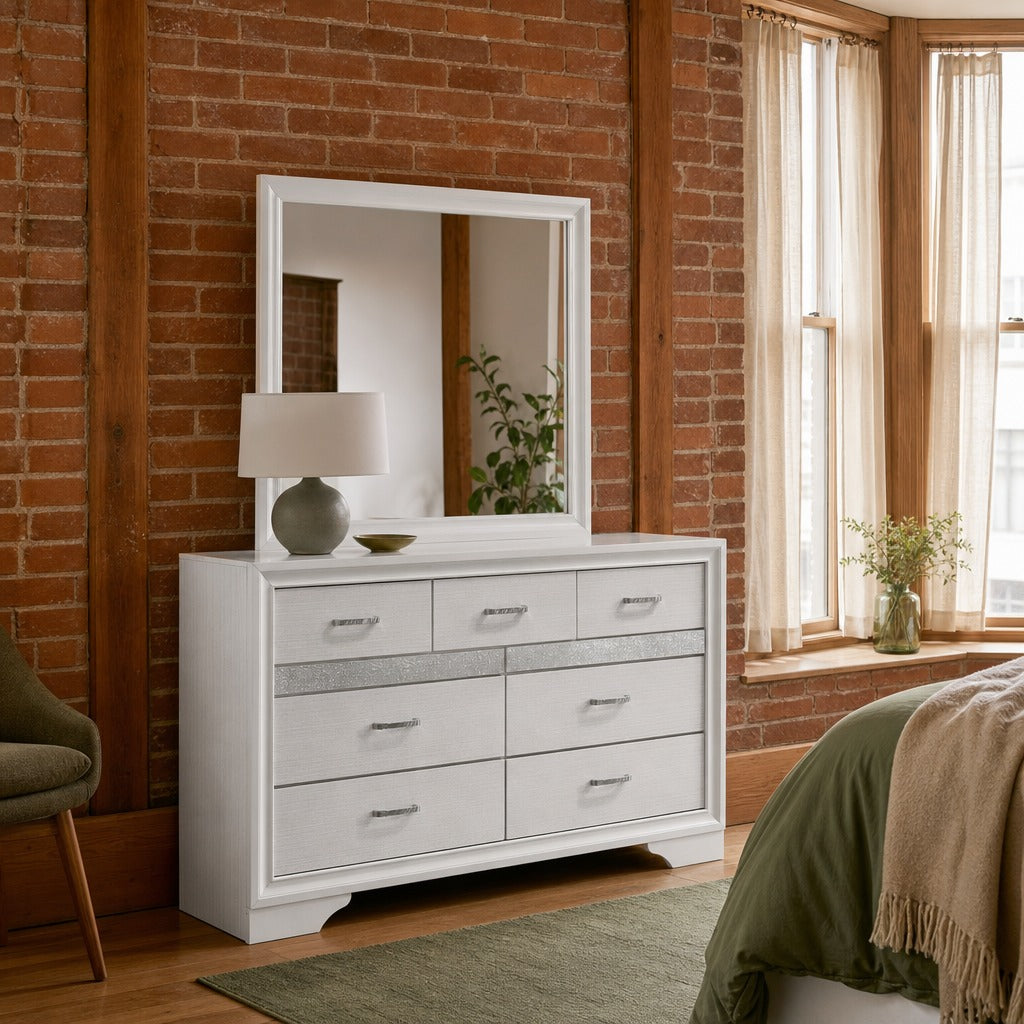 Miranda 7 Drawer Dresser With Mirror White styled in Portland converted warehouse flat with warm exposed brick and fir timber beams (no steel, no concrete) living room - What&