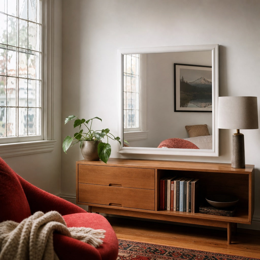 Miranda Dresser Mirror White styled in Portland AlbertArts foursquare living room - What&
