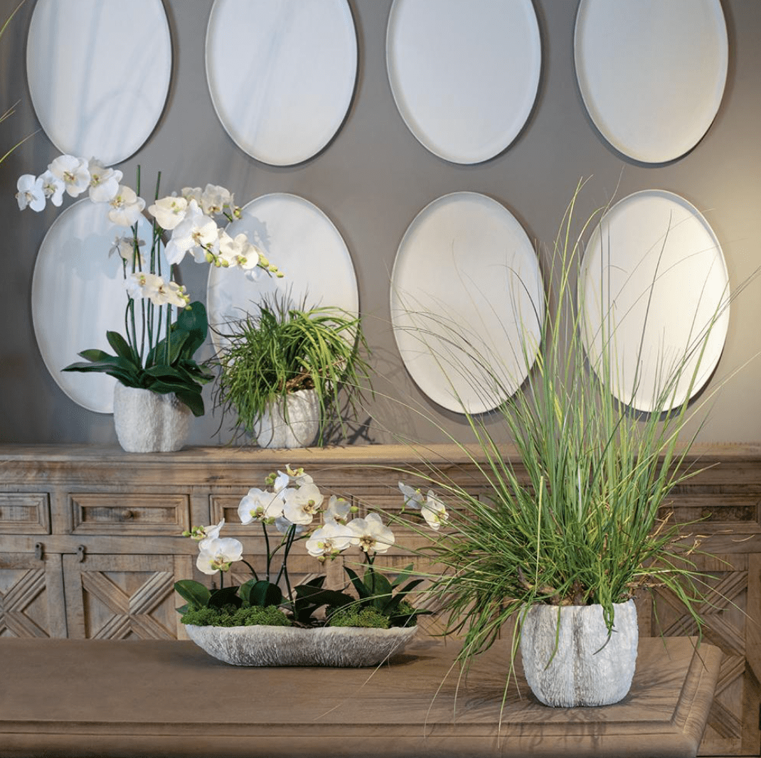 Mixed Grass/Driftwood in Coral Vase in Green Coral room setting - faux mixed grass arrangement - Whats New Furniture Portland OR