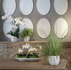 Mixed Grass/Driftwood in Coral Vase in Green Coral room setting - faux mixed grass arrangement - Whats New Furniture Portland OR