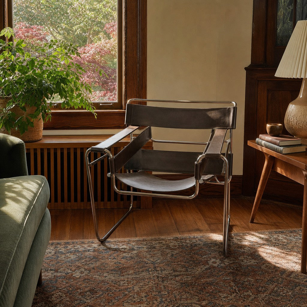 Mocha leather mid-century armchair with worn hide and compact club silhouette - detail view 1