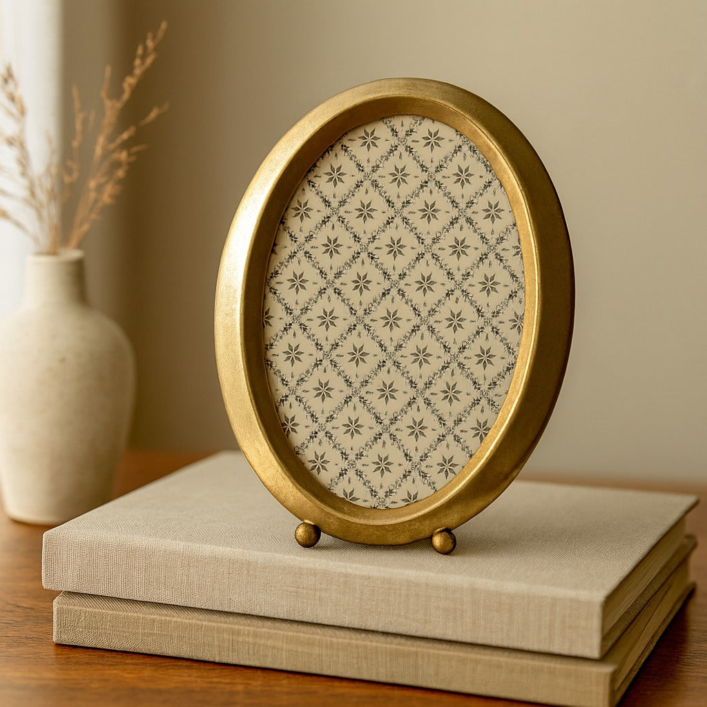 Modern Oval antique gold 4x6 photo frame styled on a walnut console in a Portland home - Whats New Furniture
