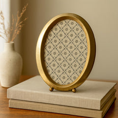 Modern Oval antique gold 4x6 photo frame styled on a walnut console in a Portland home - Whats New Furniture
