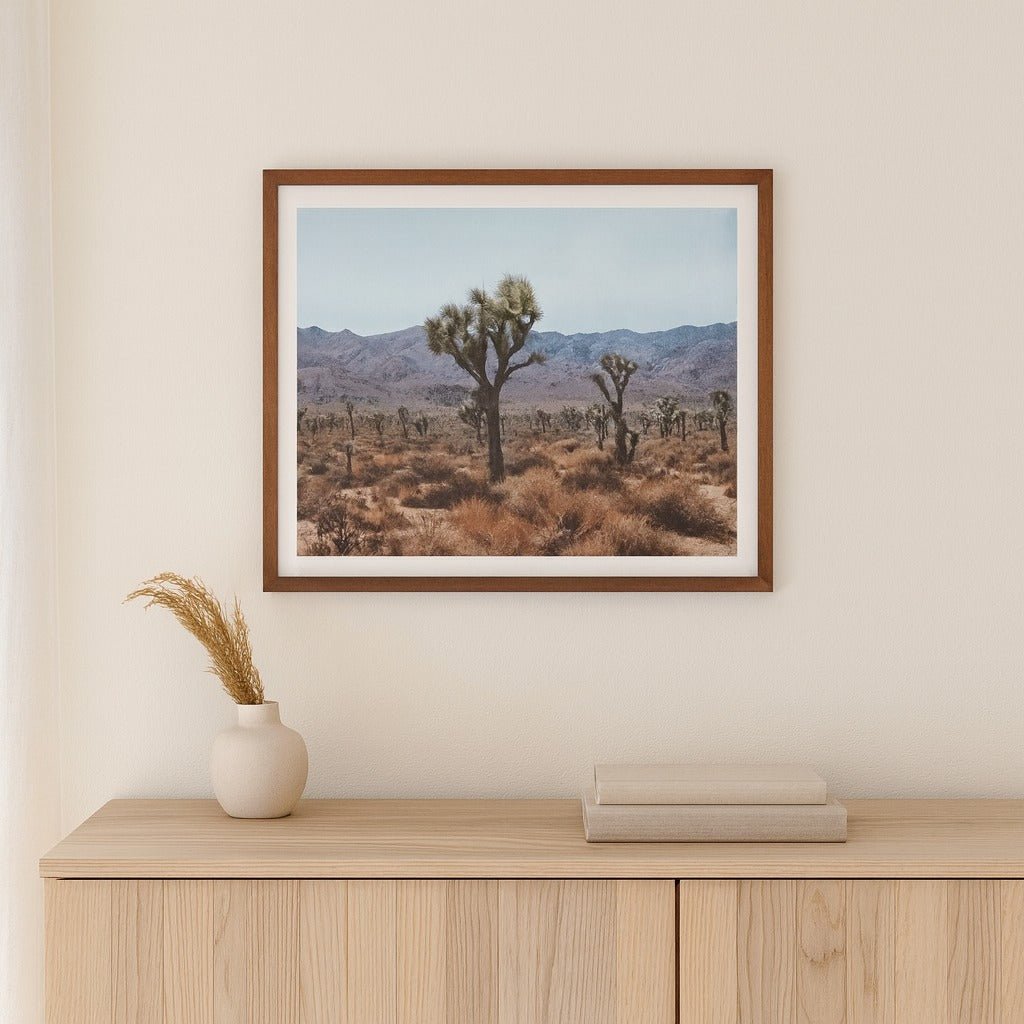 Desert Art framed Joshua tree print styled above an oak credenza in a Portland home - Whats New Furniture