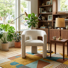 Elo Accent Chair in Studio Canvas styled in a bright Portland mid-century modern living room - Whats New Furniture
