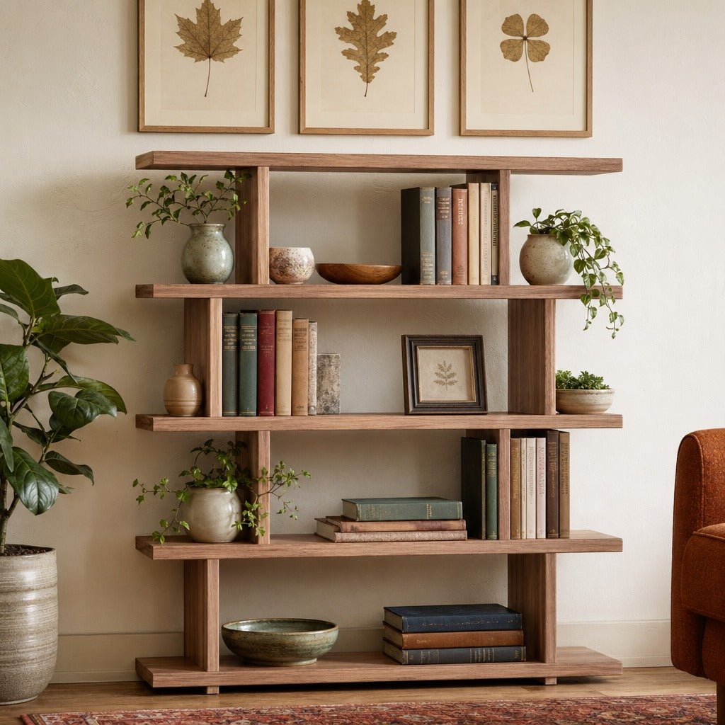 Miri Display Shelf styled in a bright mid-century modern Portland home library - Whats New Furniture