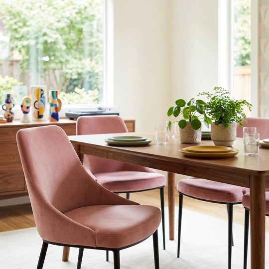 Sedona Dining Chair in Pink Velvet styled in a bright Portland mid-century modern interior - Whats New Furniture
