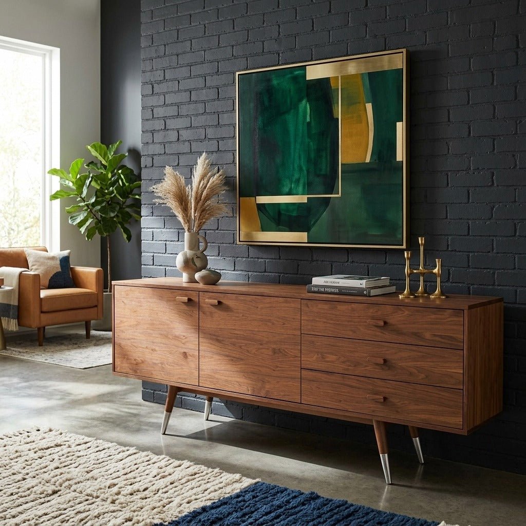 Sienna Sideboard styled in a bright Portland mid-century modern living room - Whats New Furniture