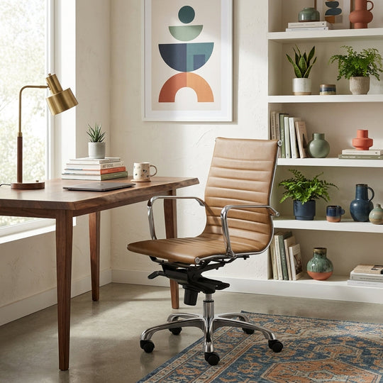 Studio Office Chair in Tan Vegan Leather styled in a bright Portland home office - Whats New Furniture