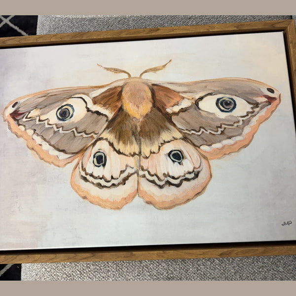 Framed painting of an emperor moth in taupe and blush, in a natural wood floater frame