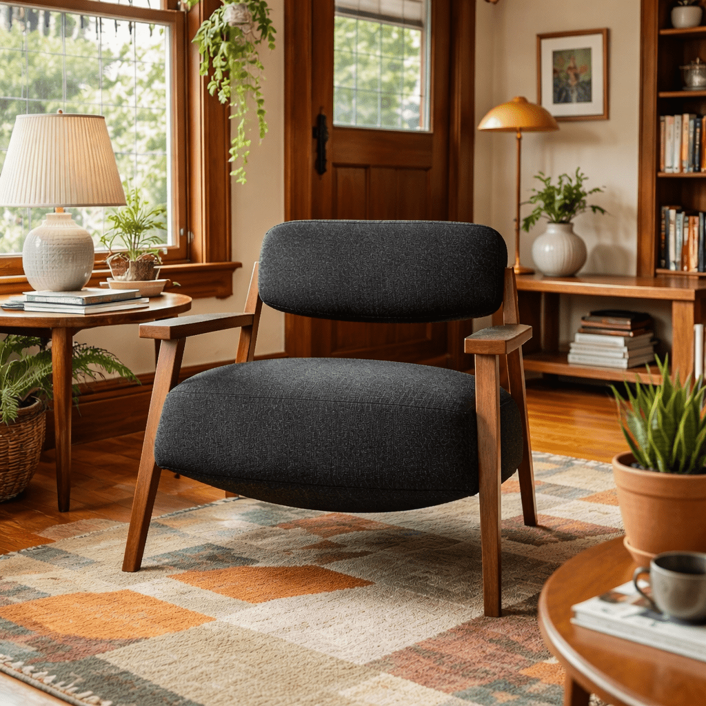 Mt. Hood Accent Chair in Altro Black lifestyle setting - sculptural mid-century accent chair private label - Whats New Furniture Portland OR