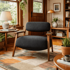 Mt. Hood Accent Chair in Altro Black lifestyle setting - sculptural mid-century accent chair private label - Whats New Furniture Portland OR
