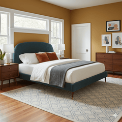 Moxie Upholstered Queen Bed Frame in fabric side angle - upholstered queen bed - Whats New Furniture Portland OR