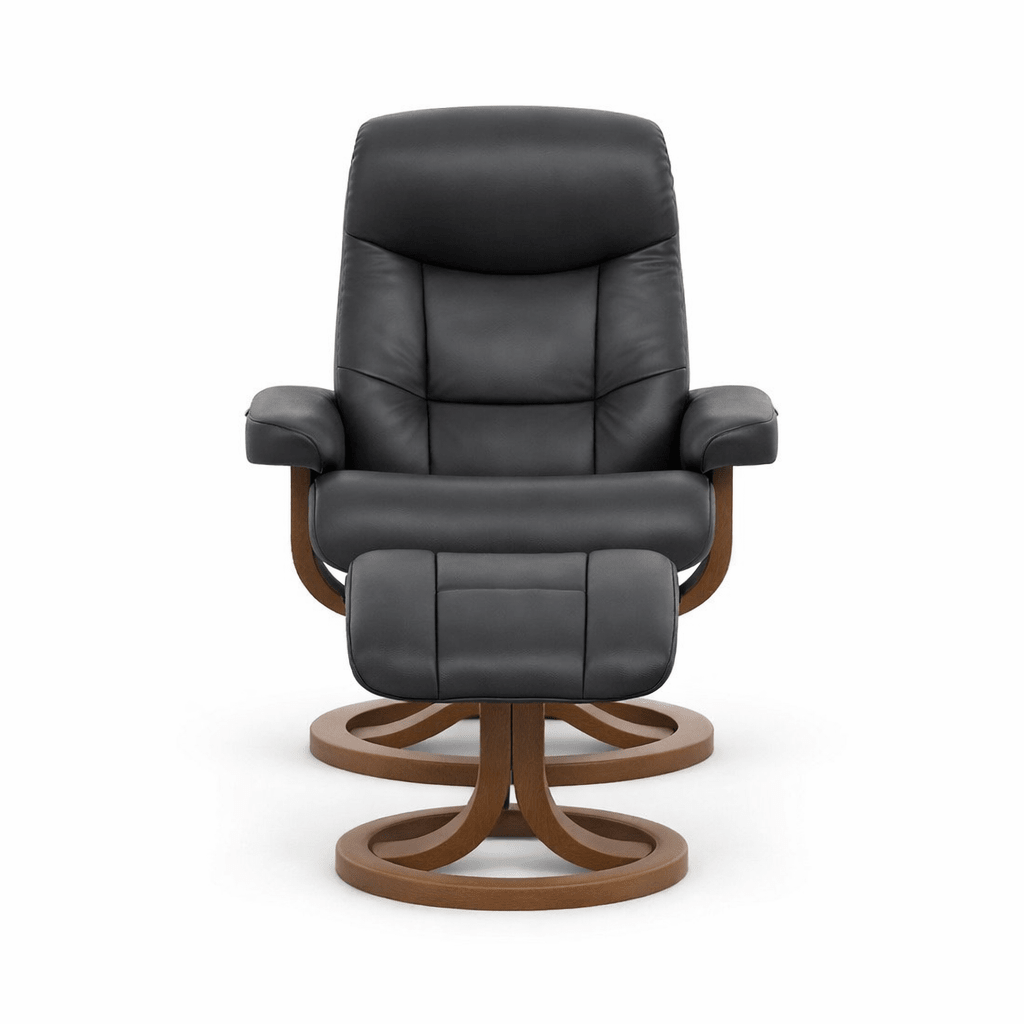 Muldal Large Recliner and Foot Stool in NL Navy front view - Fjords Norwegian leather recliner - Whats New Furniture Portland OR