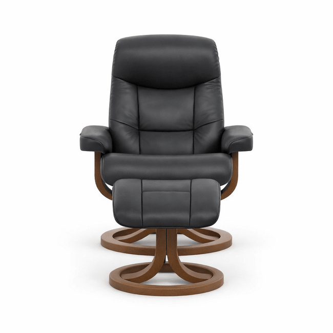 Muldal Large Recliner and Foot Stool in NL Navy front view - Fjords Norwegian leather recliner - Whats New Furniture Portland OR