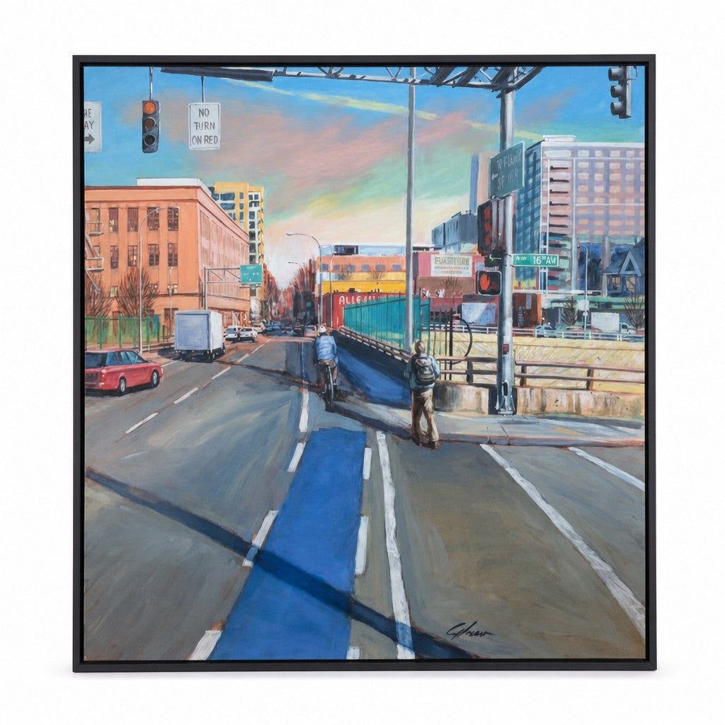Multicolor framed original print depicting Glisan and 16th in Portland Oregon